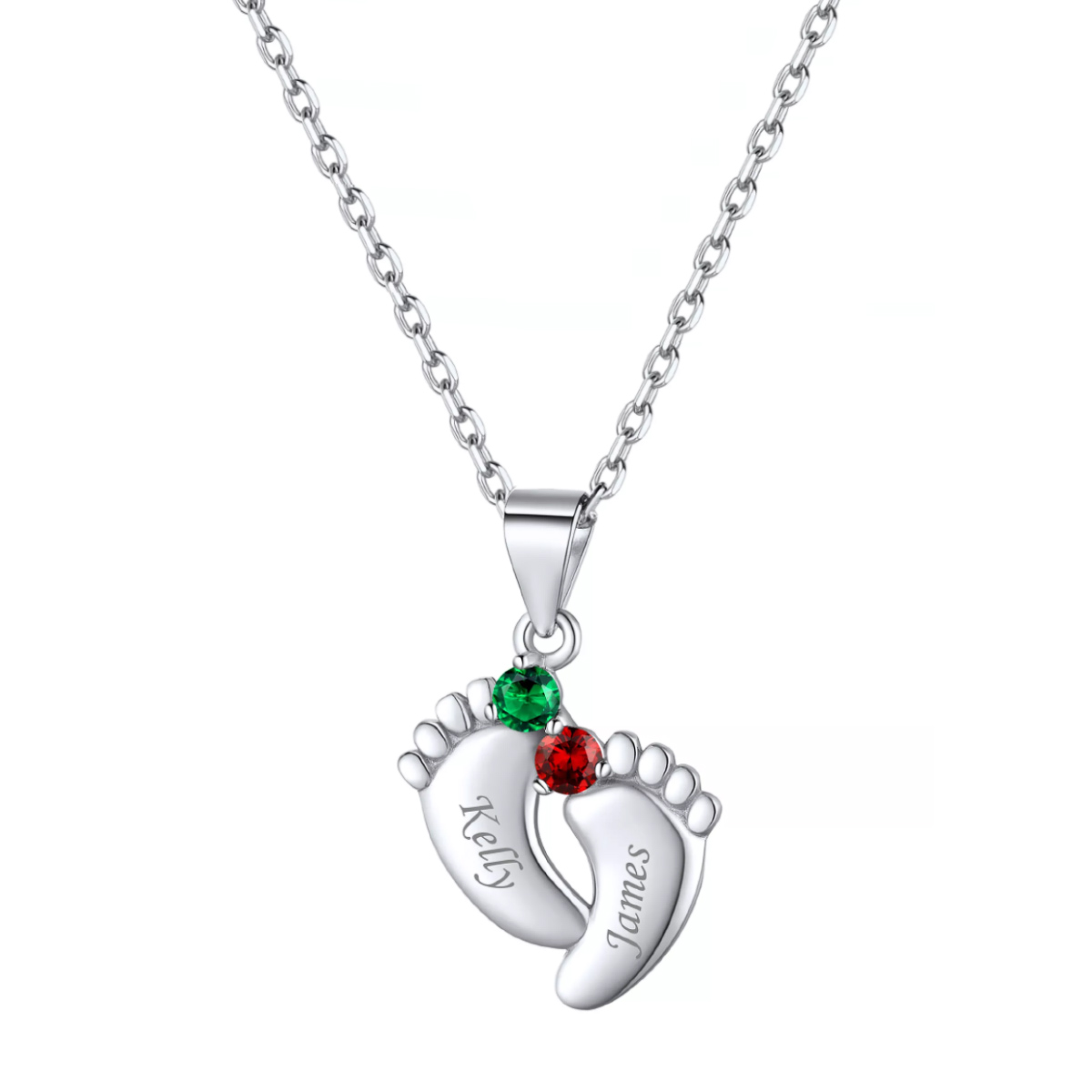 Sterling Silver Baby Feet Name Necklace With Birthstone For Mom