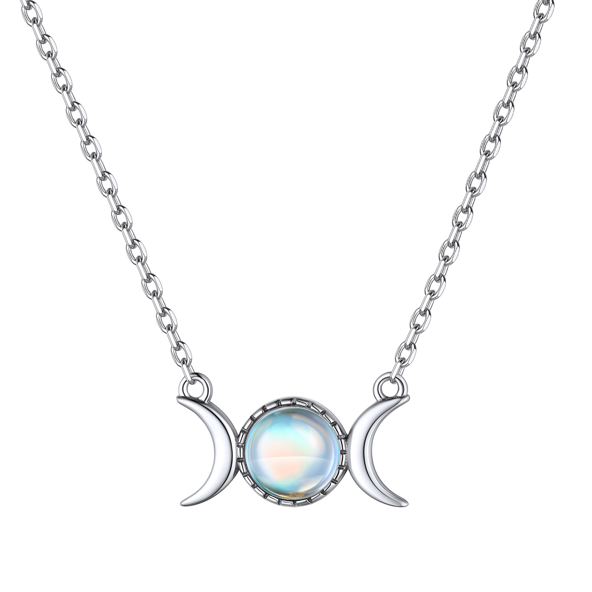 Sterling Silver Triple Moon Moonstone Necklace Goddess Pendant