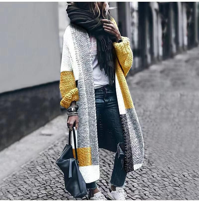 Color matching cardigan loose super long long-sleeved