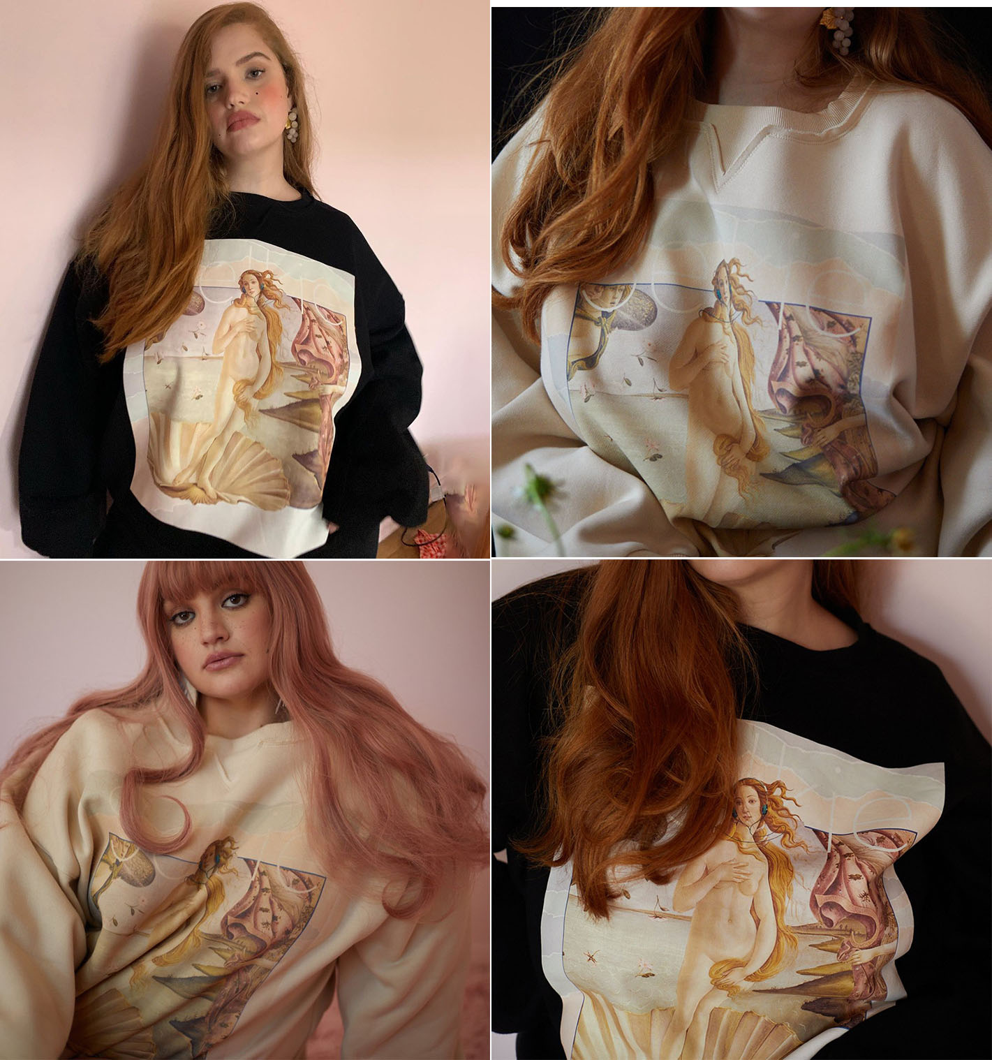 Women's Printed Pullover Sweater Oil Painting Girl Loose Casual Black Apricot