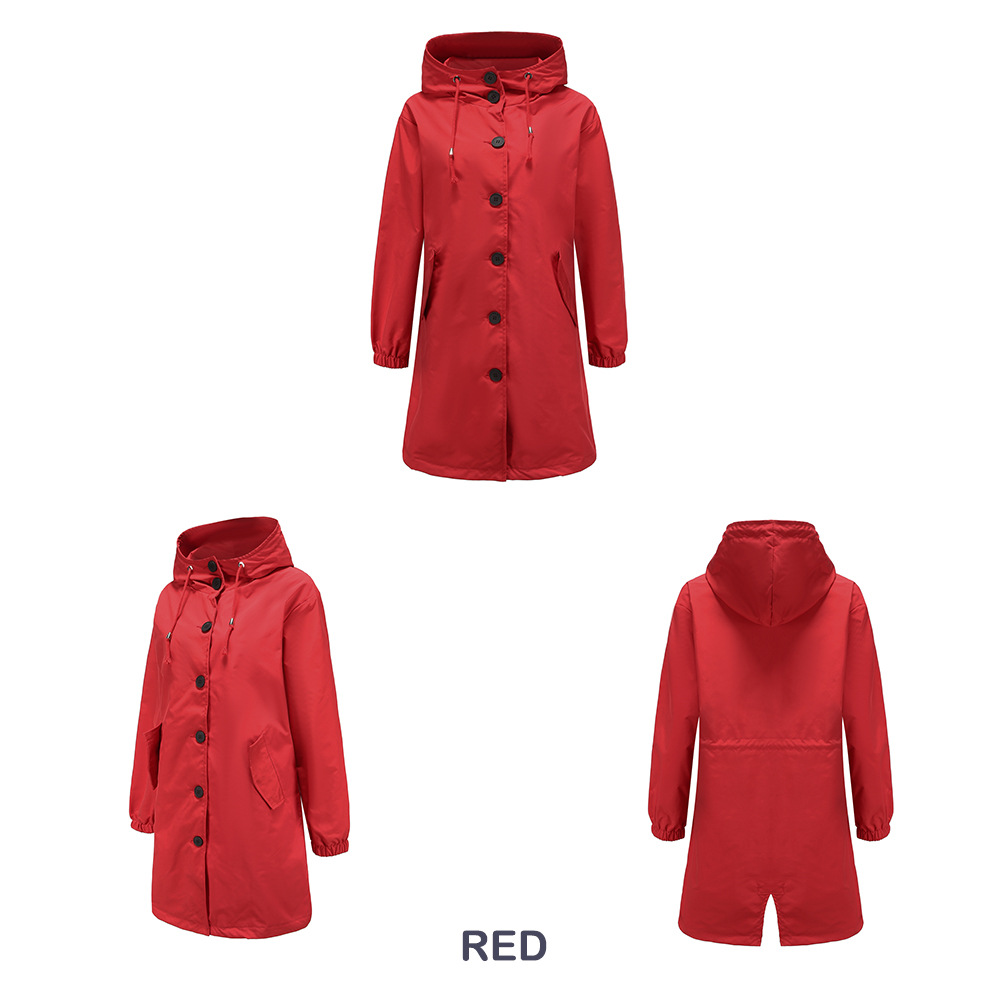 Women's Windproof Waterproof Hooded Jacket Outdoor Mid-length Side Pocket Coat