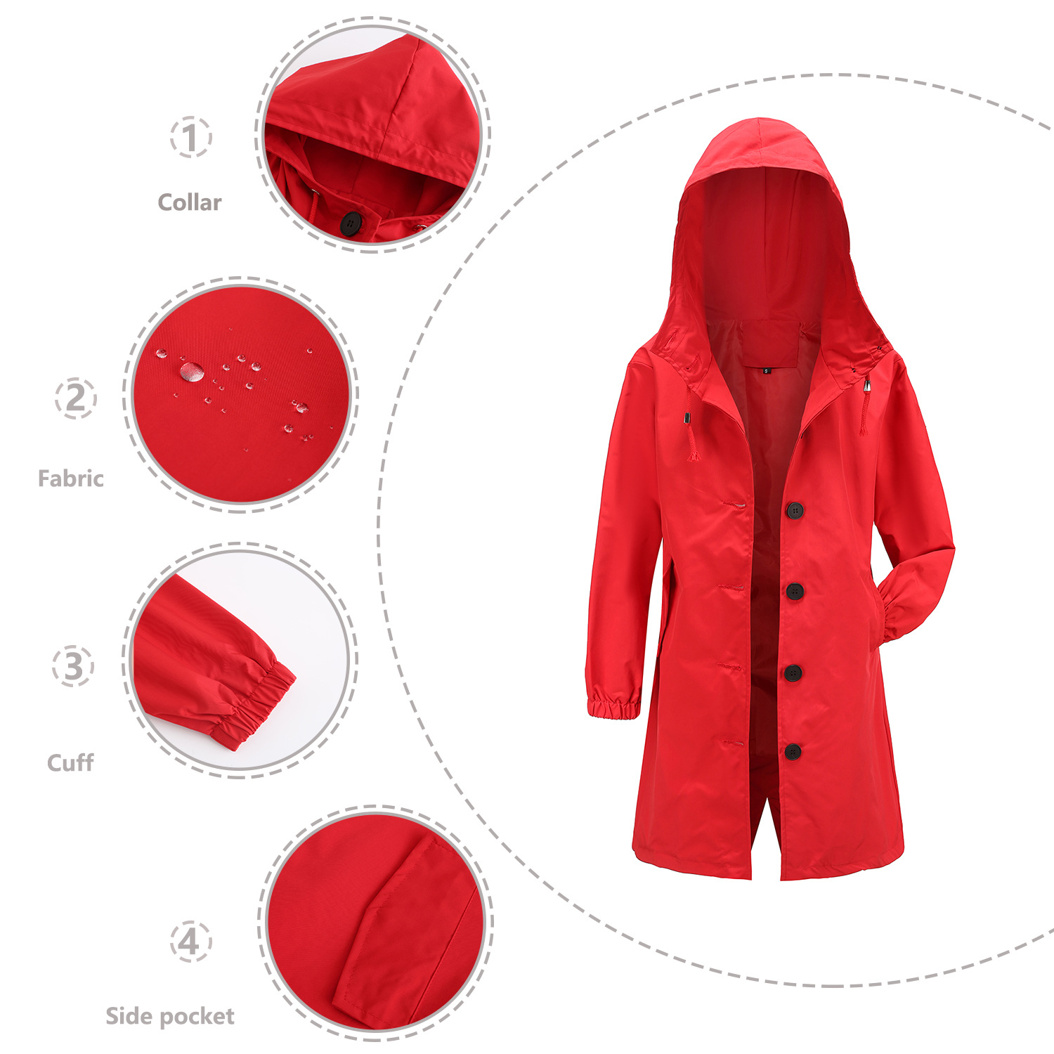Women's Windproof Waterproof Hooded Jacket Outdoor Mid-length Side Pocket Coat