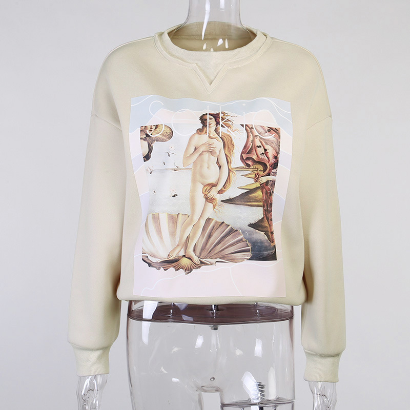 Women's Printed Pullover Sweater Oil Painting Girl Loose Casual Black Apricot