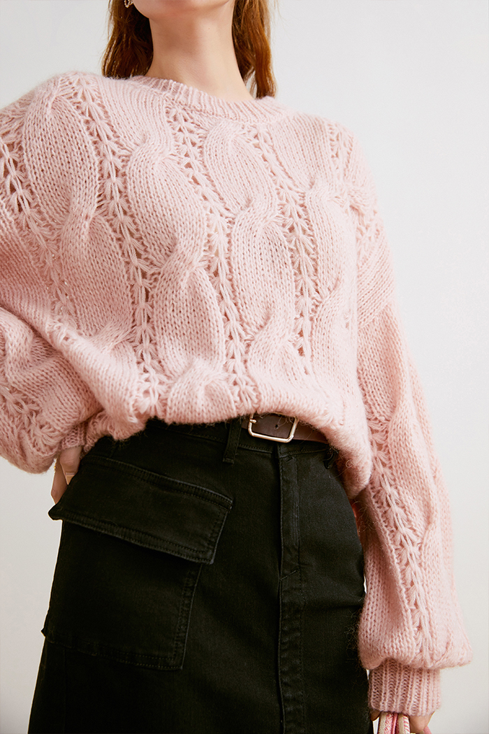 Women's Pink Cable Flower Hollow Sweater Winter Lazy Wind Top Loose-fitting Sweater