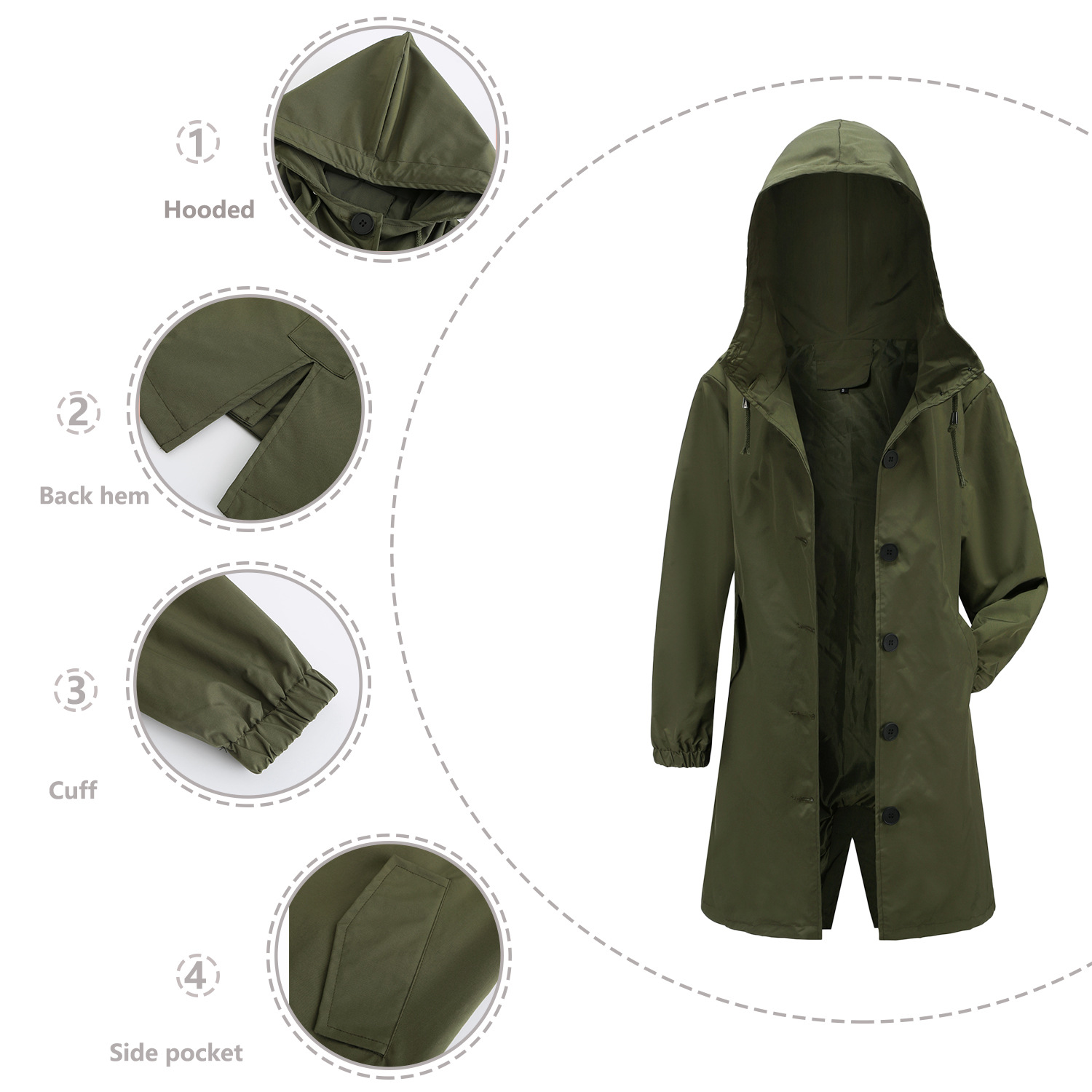 Women's Windproof Waterproof Hooded Jacket Outdoor Mid-length Side Pocket Coat