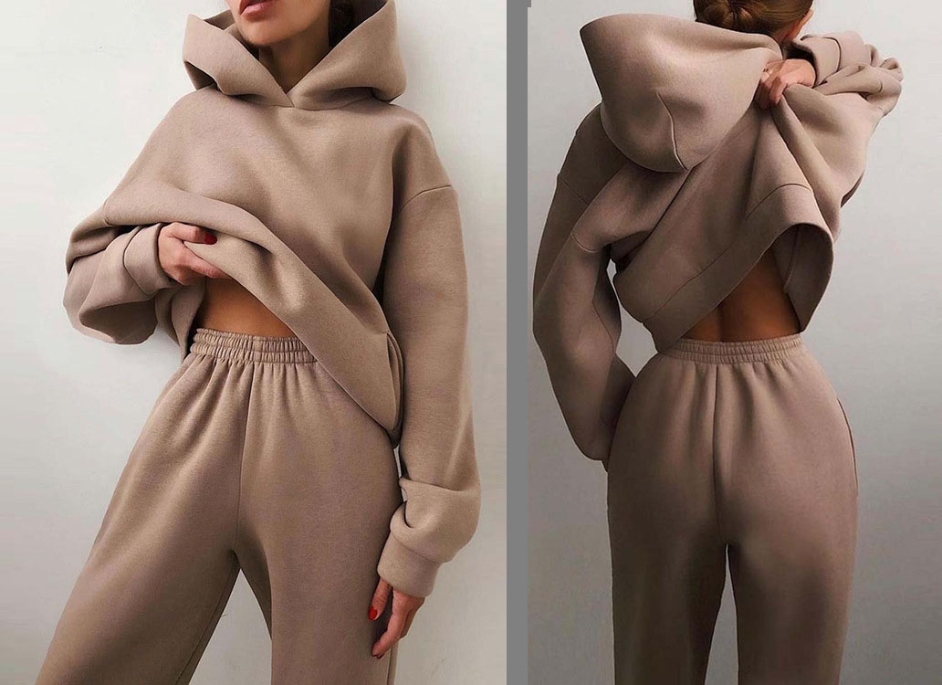 Women's Thick Sportswear Pocket Hoodie Double Pocket Track Pants Loose Casual Suit