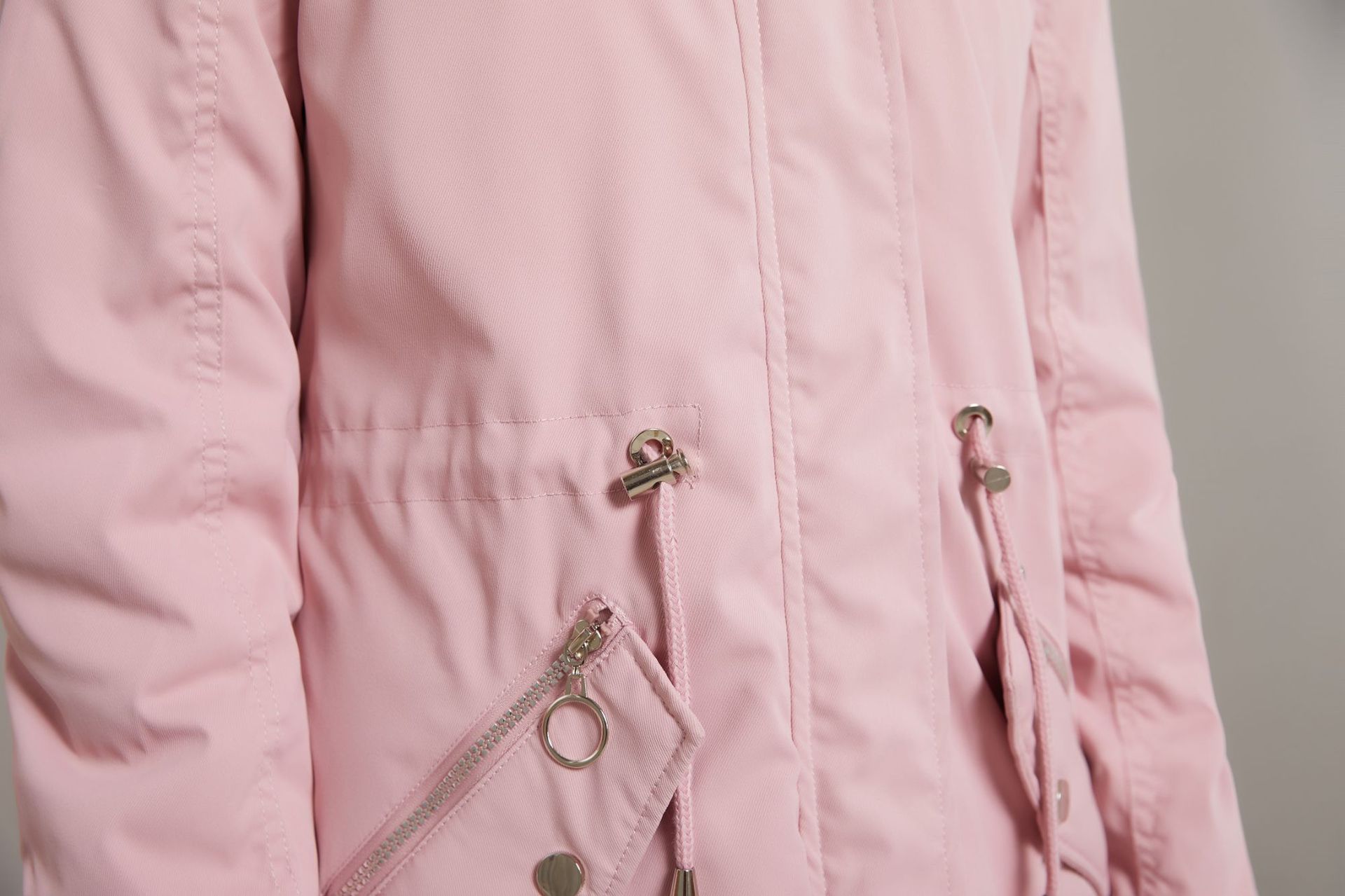 Women's White Fur Collar Thick Hooded Jacket Adjustable Drawstring Zipper Pocket