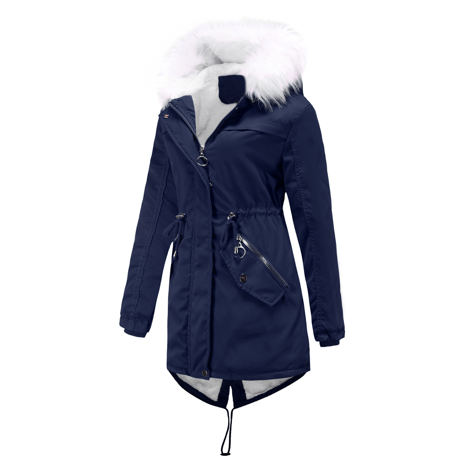 Women's White Fur Collar Thick Hooded Jacket Adjustable Drawstring Zipper Pocket