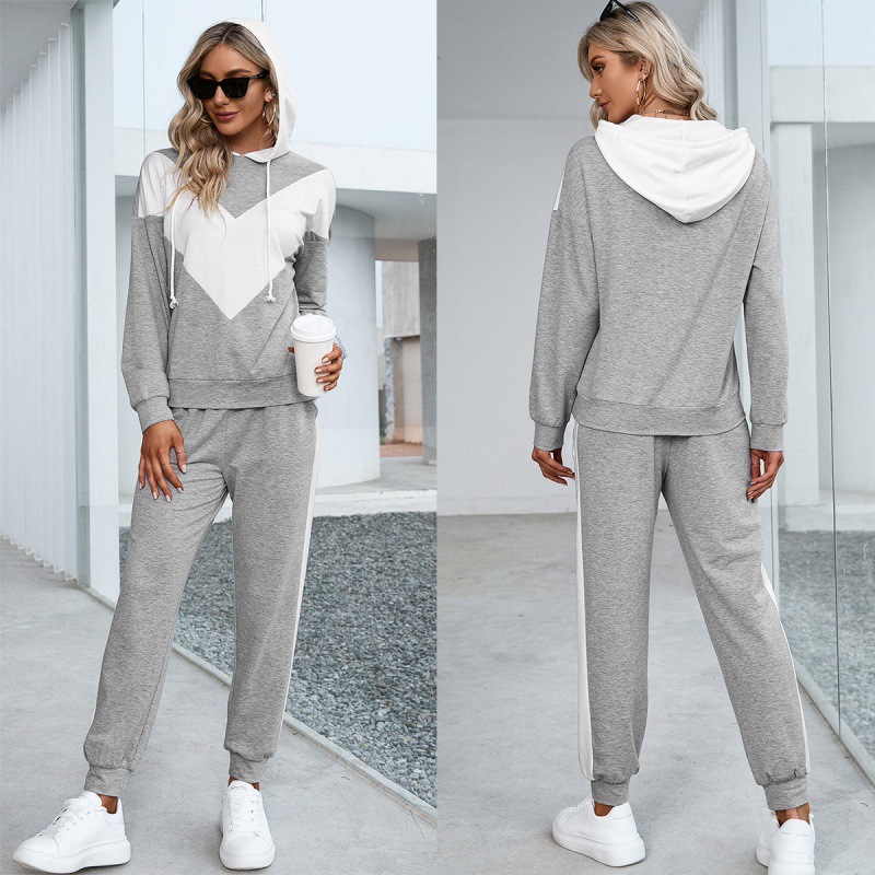 Women's Grey Stitched Sportswear Hooded Pullover Sweatshirt Trousers Casual Suit