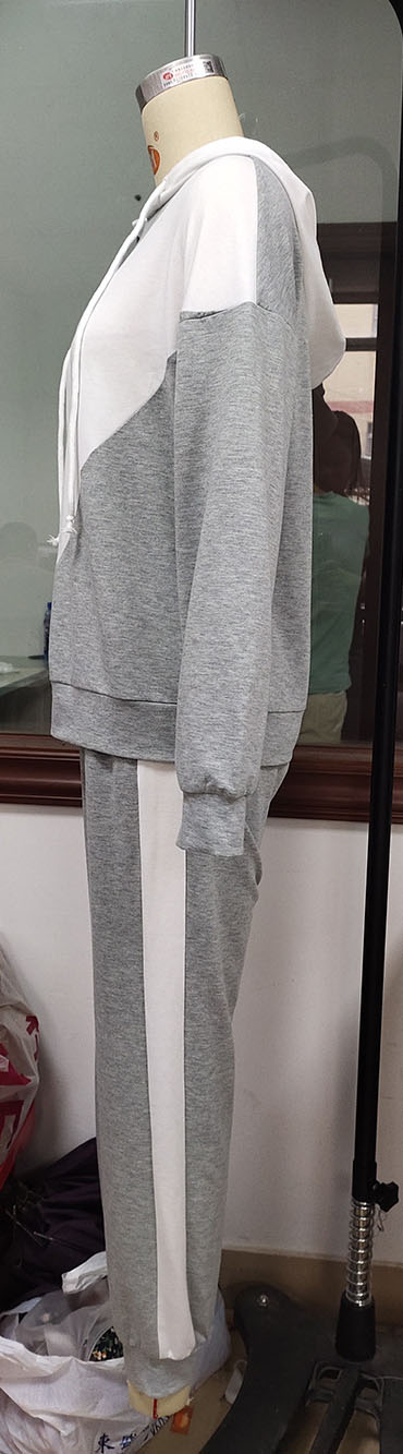 Women's Grey Stitched Sportswear Hooded Pullover Sweatshirt Trousers Casual Suit