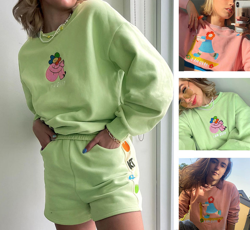 Women's Cartoon Embroidery Loose Pullover Sweater Round Neck Drop Sleeves Casual