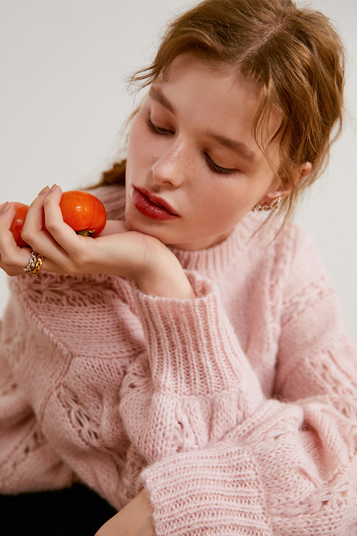 Women's Pink Cable Flower Hollow Sweater Winter Lazy Wind Top Loose-fitting Sweater