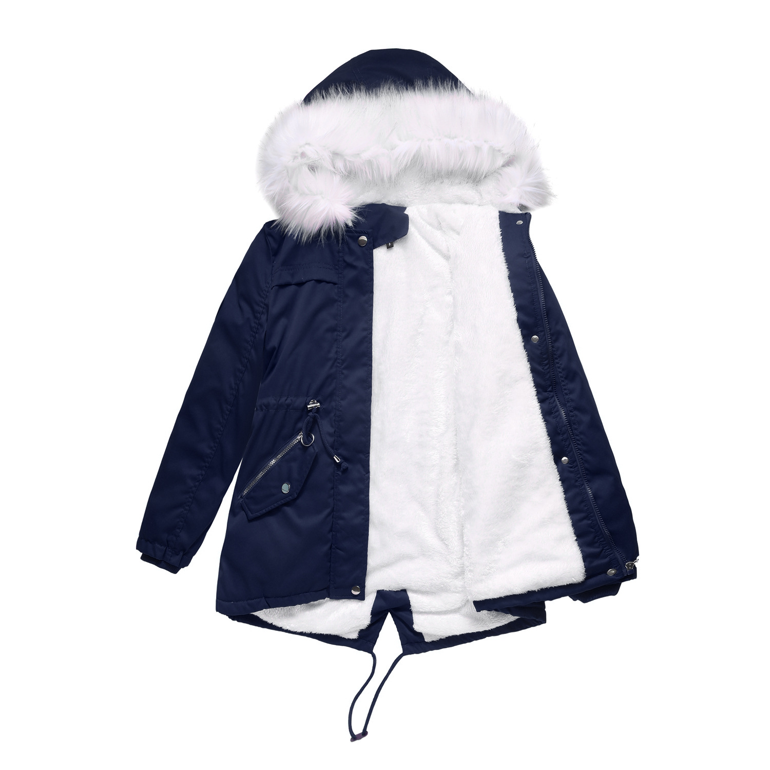 Women's White Fur Collar Thick Hooded Jacket Adjustable Drawstring Zipper Pocket