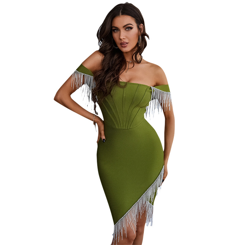 2022 High Waist Ladies Wrap Breast Skirts Backless Skinny Dresses Fringe Slit Dresses