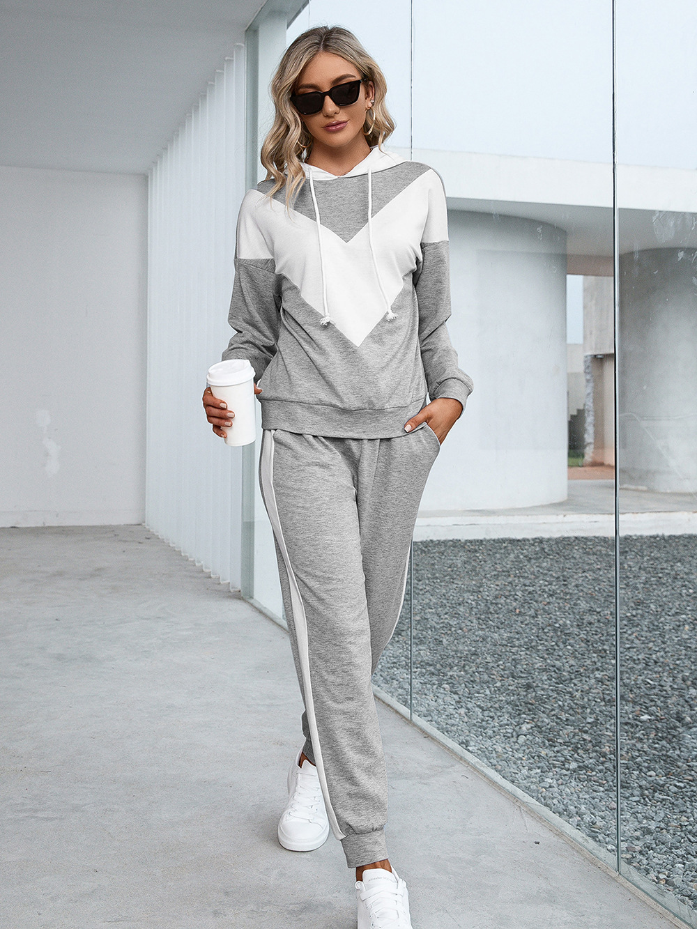Women's Grey Stitched Sportswear Hooded Pullover Sweatshirt Trousers Casual Suit