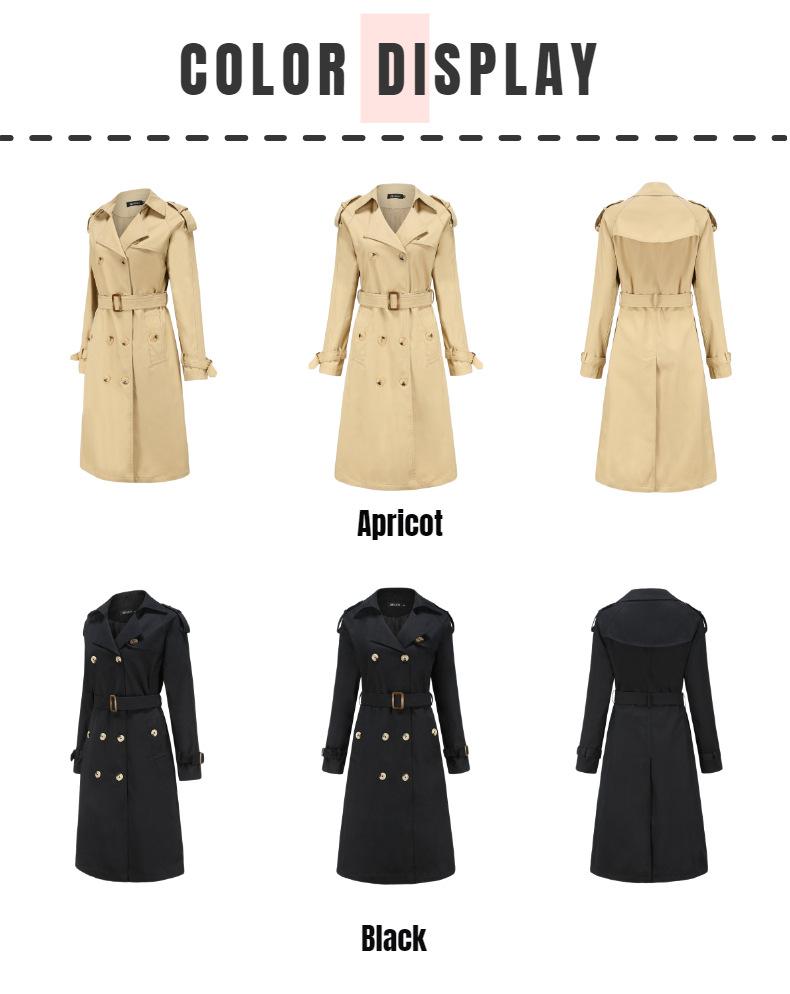 New Women's Belt Adjustable Jacket Double-breasted Black Khaki Trench Coat