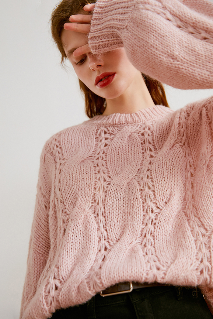 Women's Pink Cable Flower Hollow Sweater Winter Lazy Wind Top Loose-fitting Sweater