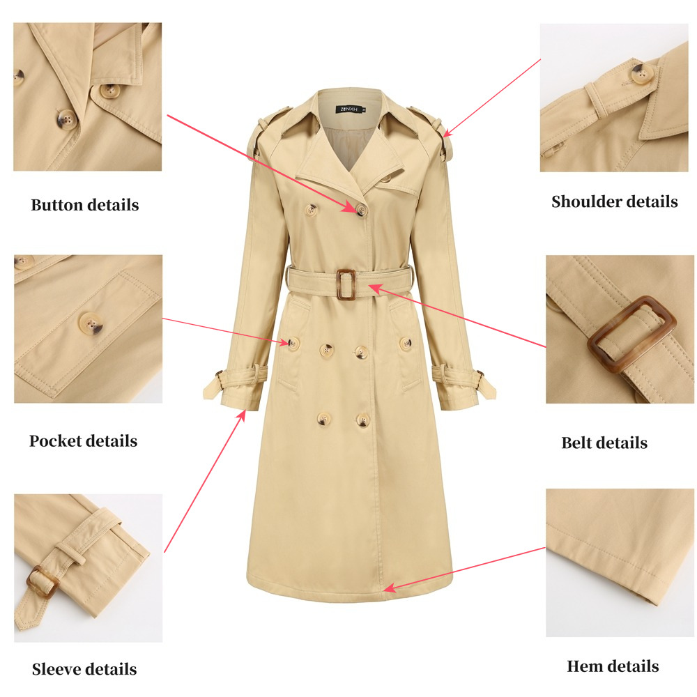 New Women's Belt Adjustable Jacket Double-breasted Black Khaki Trench Coat