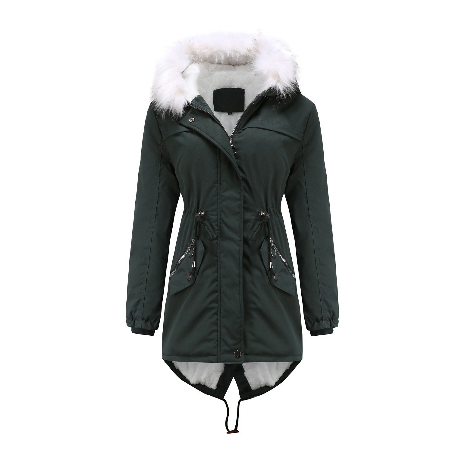 Women's White Fur Collar Thick Hooded Jacket Adjustable Drawstring Zipper Pocket