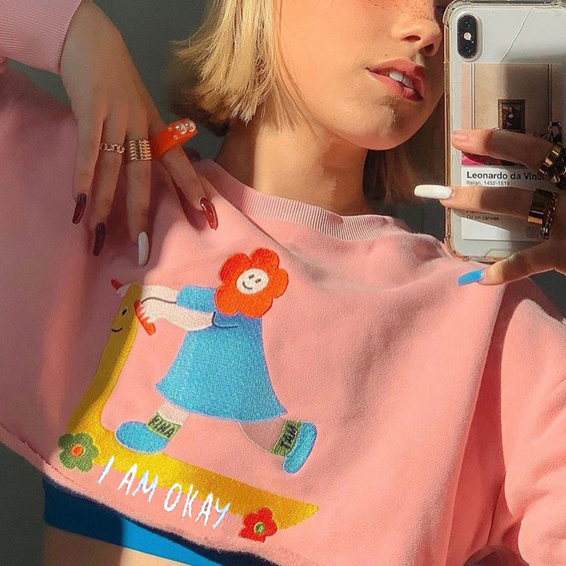 Women's Cartoon Embroidery Loose Pullover Sweater Round Neck Drop Sleeves Casual