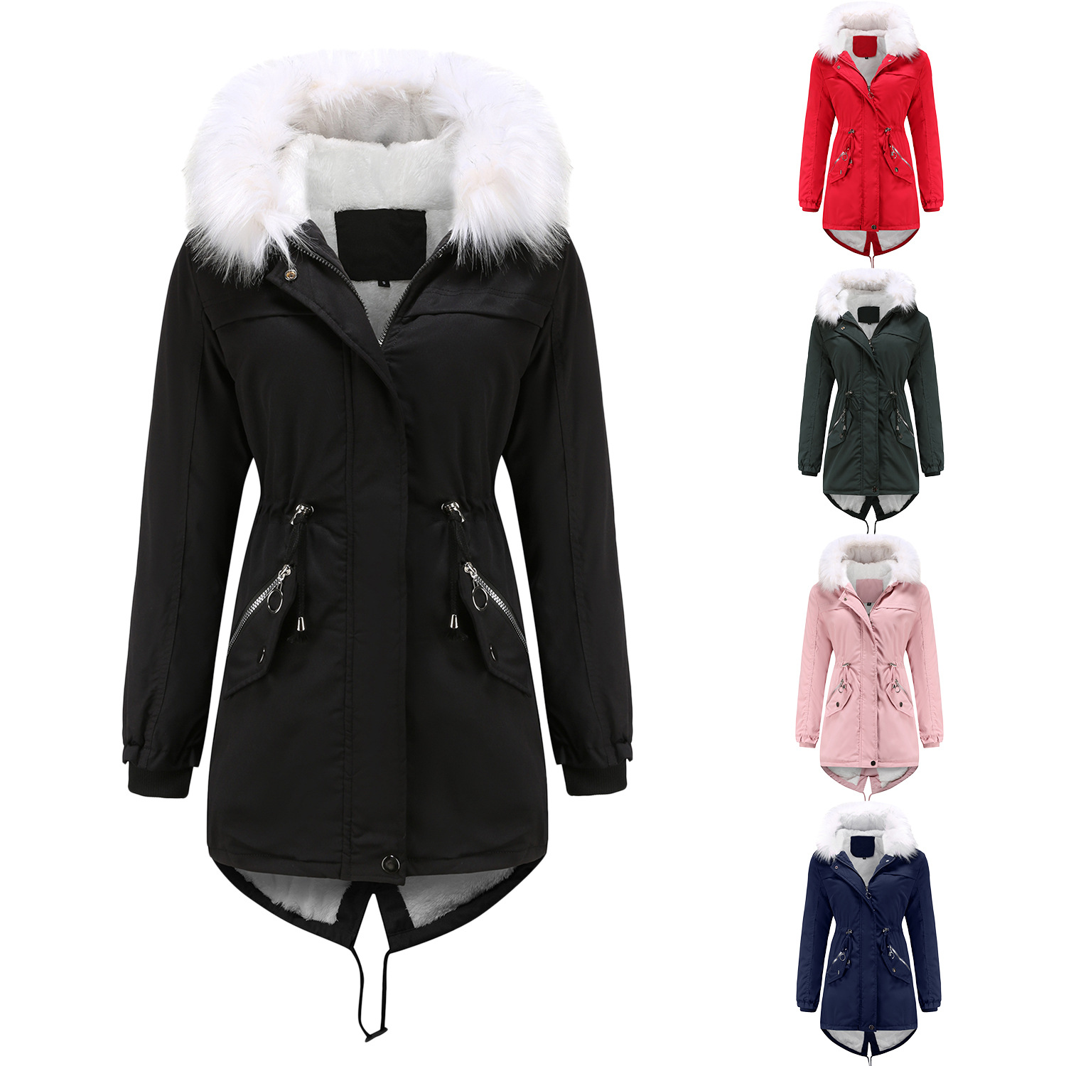 Women's White Fur Collar Thick Hooded Jacket Adjustable Drawstring Zipper Pocket