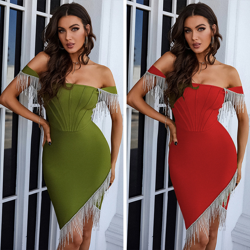 2022 High Waist Ladies Wrap Breast Skirts Backless Skinny Dresses Fringe Slit Dresses