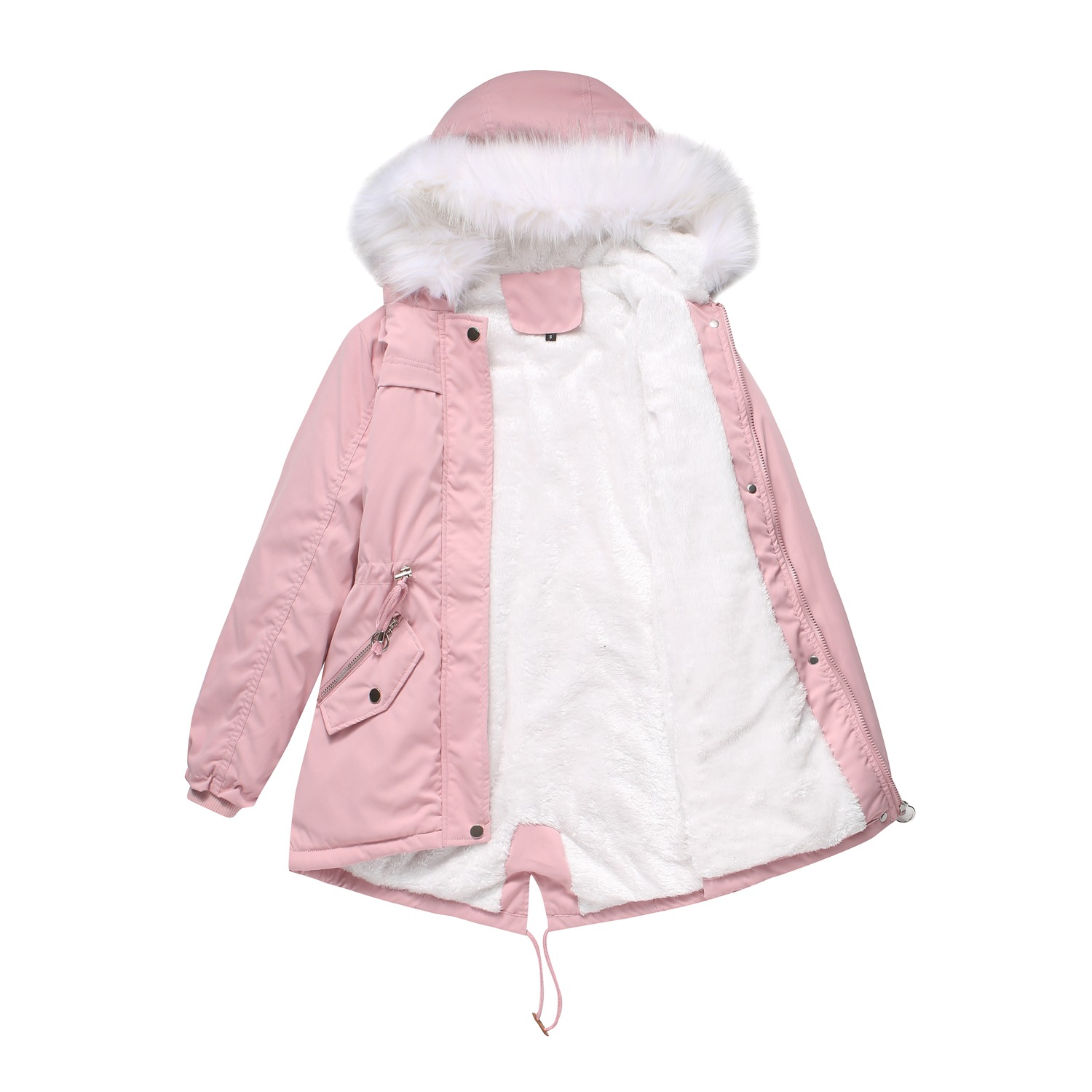 Women's White Fur Collar Thick Hooded Jacket Adjustable Drawstring Zipper Pocket
