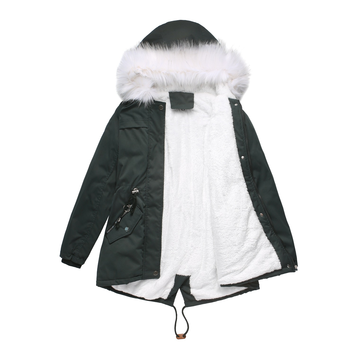 Women's White Fur Collar Thick Hooded Jacket Adjustable Drawstring Zipper Pocket