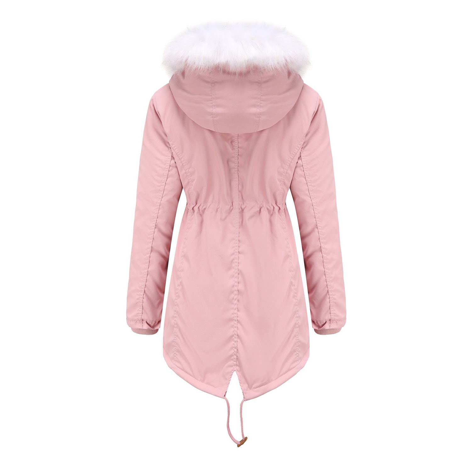 Women's White Fur Collar Thick Hooded Jacket Adjustable Drawstring Zipper Pocket