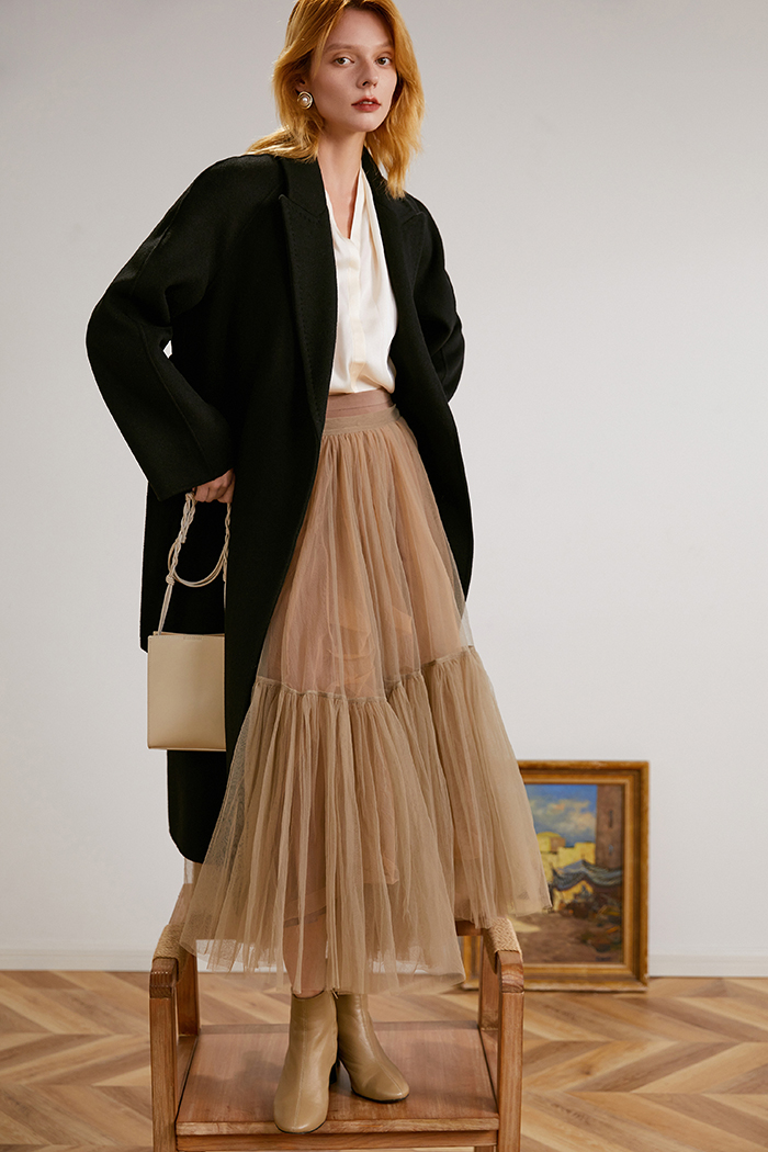 Women's handmade wool double-sided woolen coat nightgown lace-up trench coat woolen coat