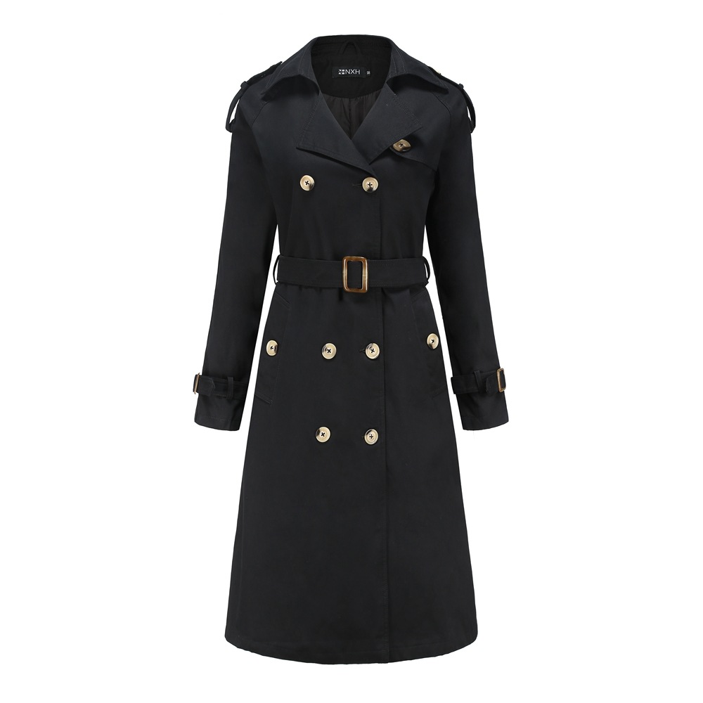 New Women's Belt Adjustable Jacket Double-breasted Black Khaki Trench Coat