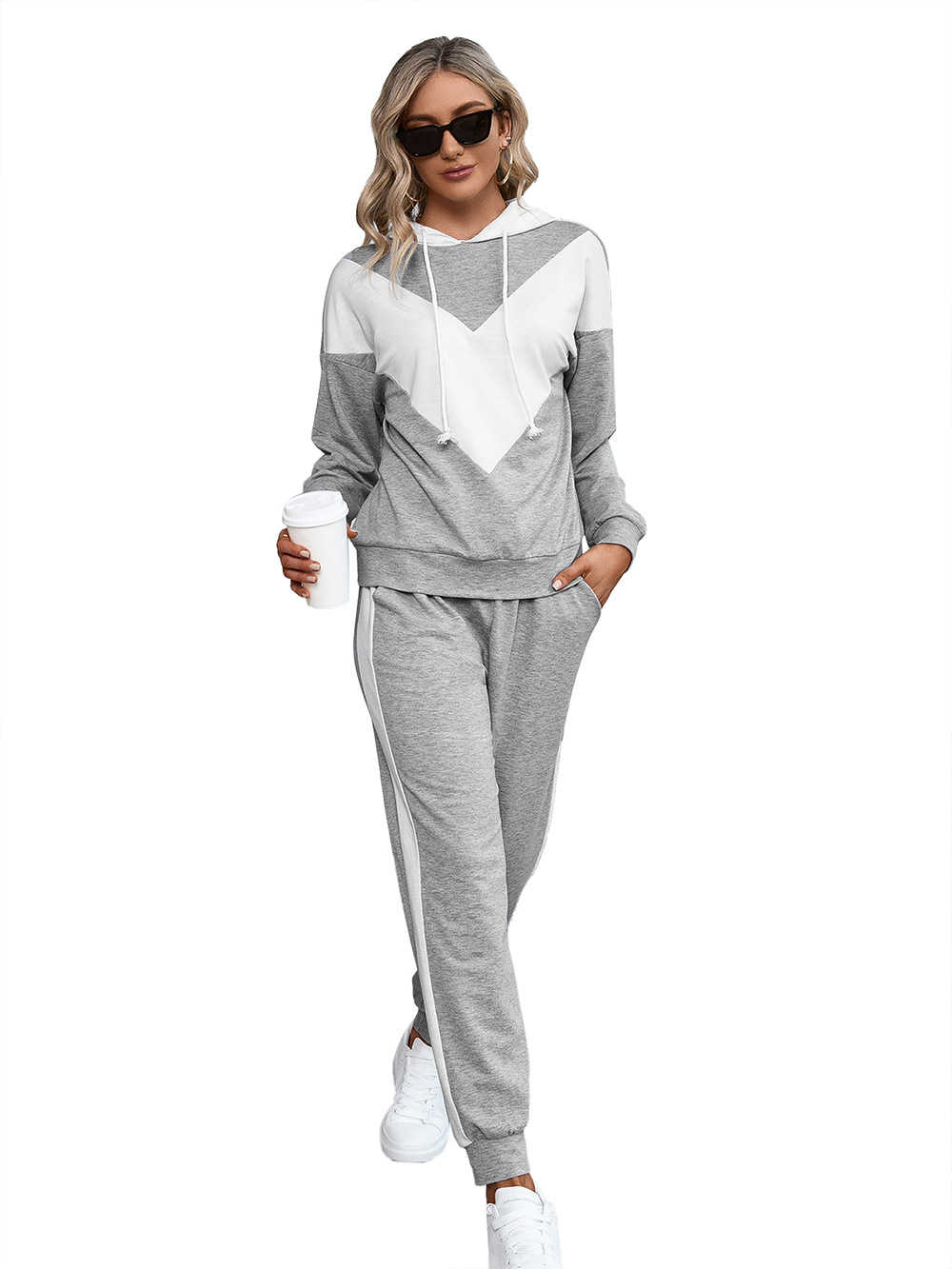 Women's Grey Stitched Sportswear Hooded Pullover Sweatshirt Trousers Casual Suit
