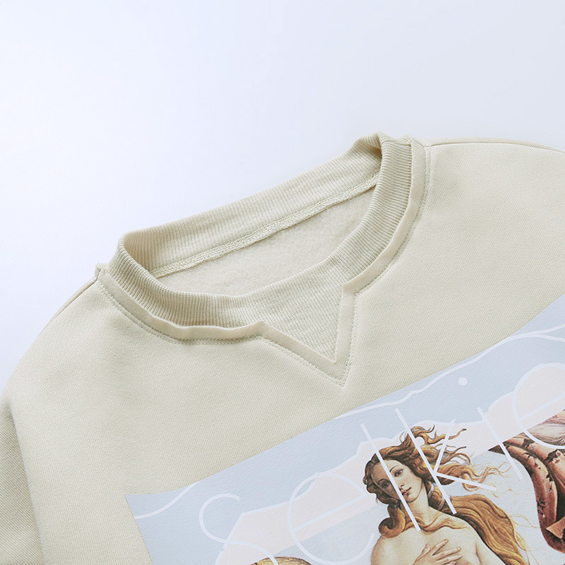 Women's Printed Pullover Sweater Oil Painting Girl Loose Casual Black Apricot