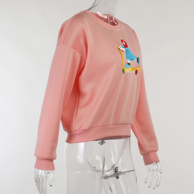 Women's Cartoon Embroidery Loose Pullover Sweater Round Neck Drop Sleeves Casual