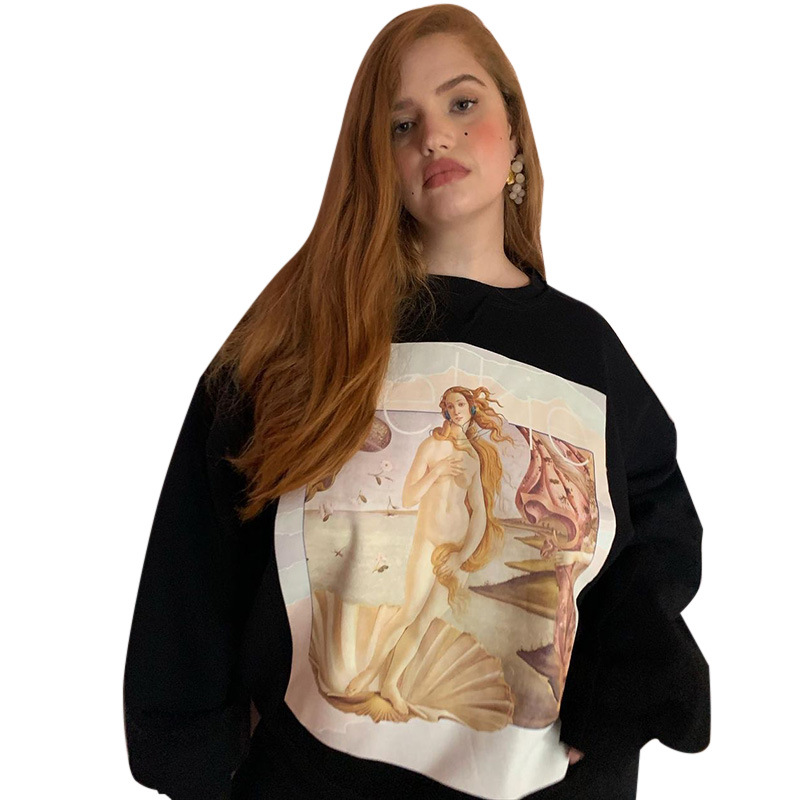 Women's Printed Pullover Sweater Oil Painting Girl Loose Casual Black Apricot