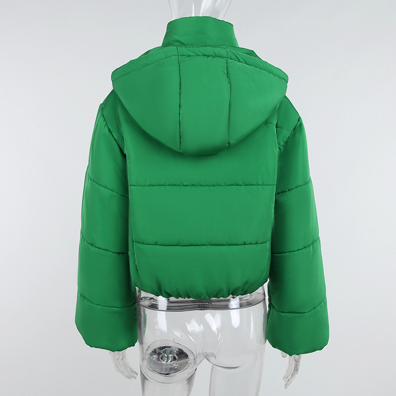 Women's Short Thick Coat Hooded Stand Collar Jacket Pocket Lantern Sleeve