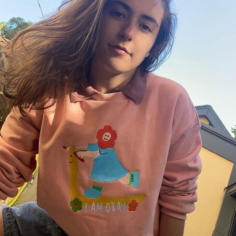 Women's Cartoon Embroidery Loose Pullover Sweater Round Neck Drop Sleeves Casual