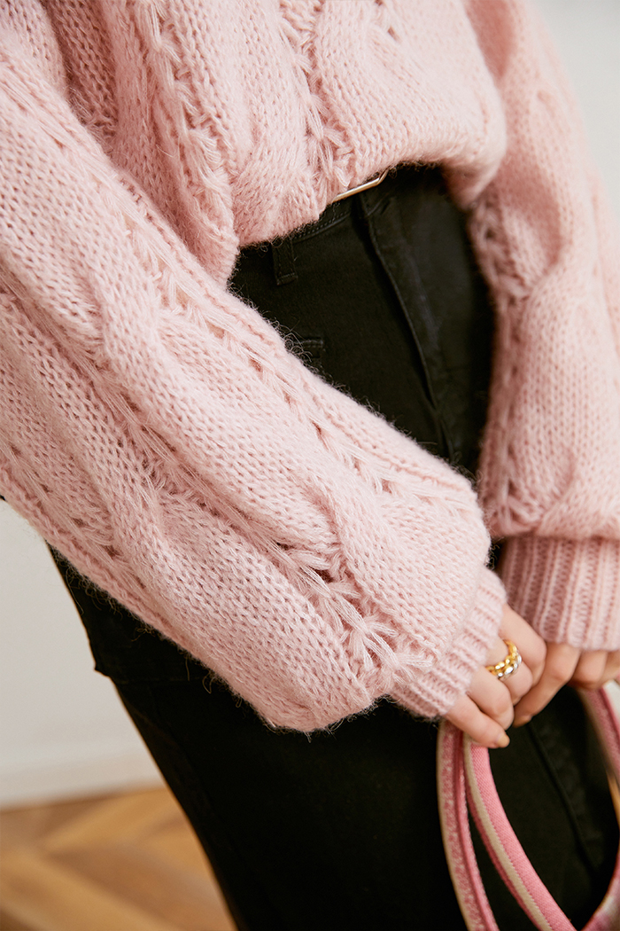 Women's Pink Cable Flower Hollow Sweater Winter Lazy Wind Top Loose-fitting Sweater