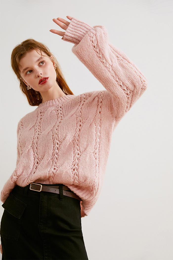 Women's Pink Cable Flower Hollow Sweater Winter Lazy Wind Top Loose-fitting Sweater