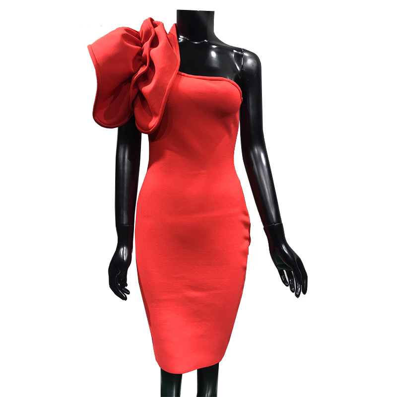 2022 Spring New Ruffled One Shoulder Dress Off Shoulder Sexy Red Dress