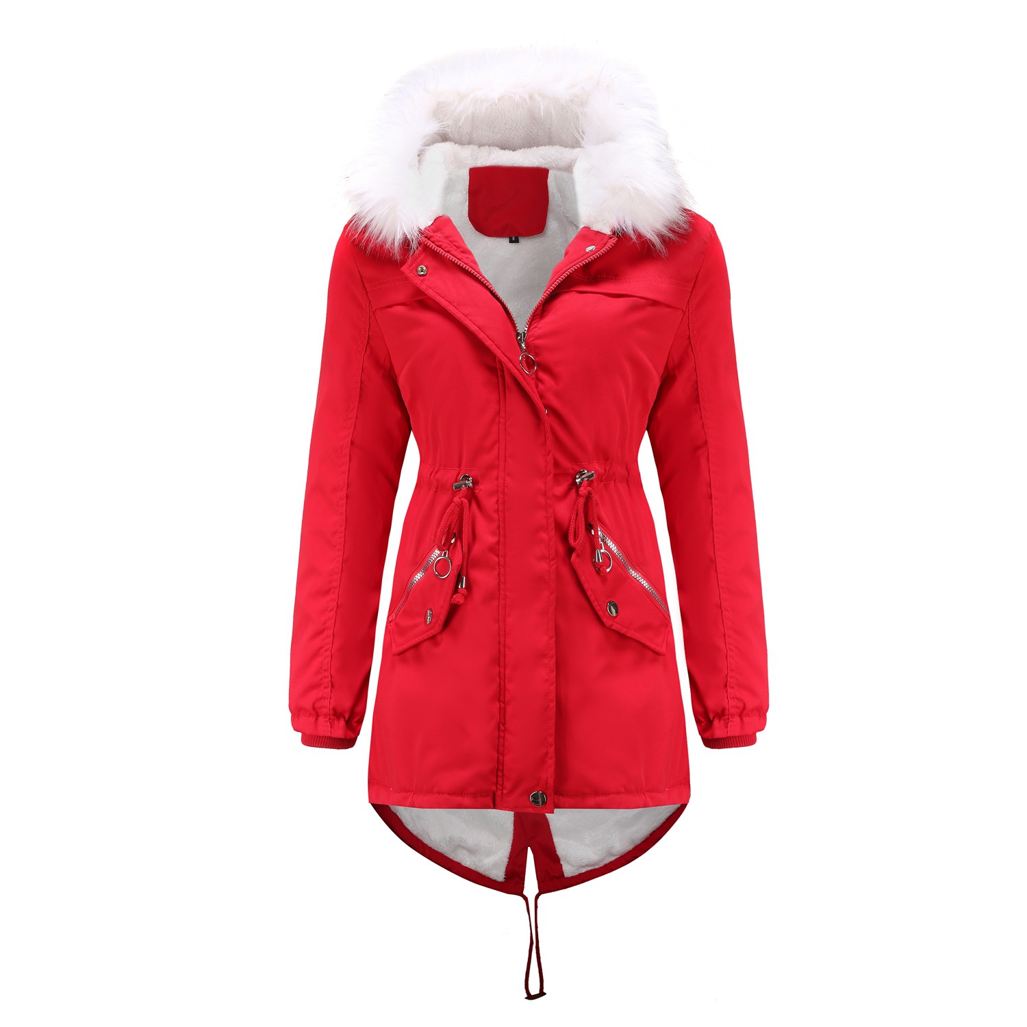 Women's White Fur Collar Thick Hooded Jacket Adjustable Drawstring Zipper Pocket