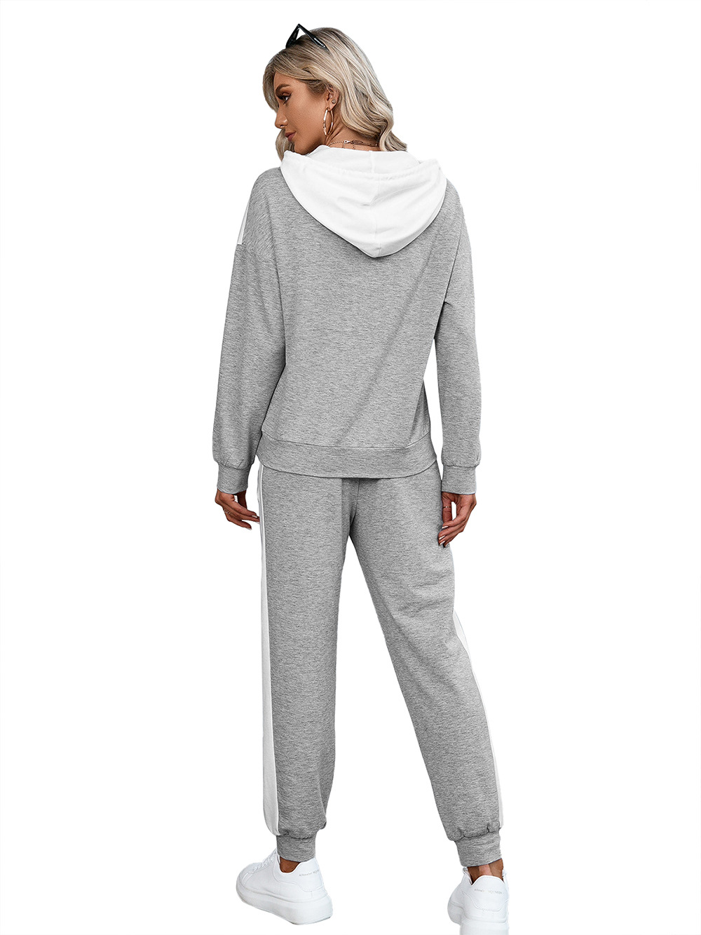 Women's Grey Stitched Sportswear Hooded Pullover Sweatshirt Trousers Casual Suit