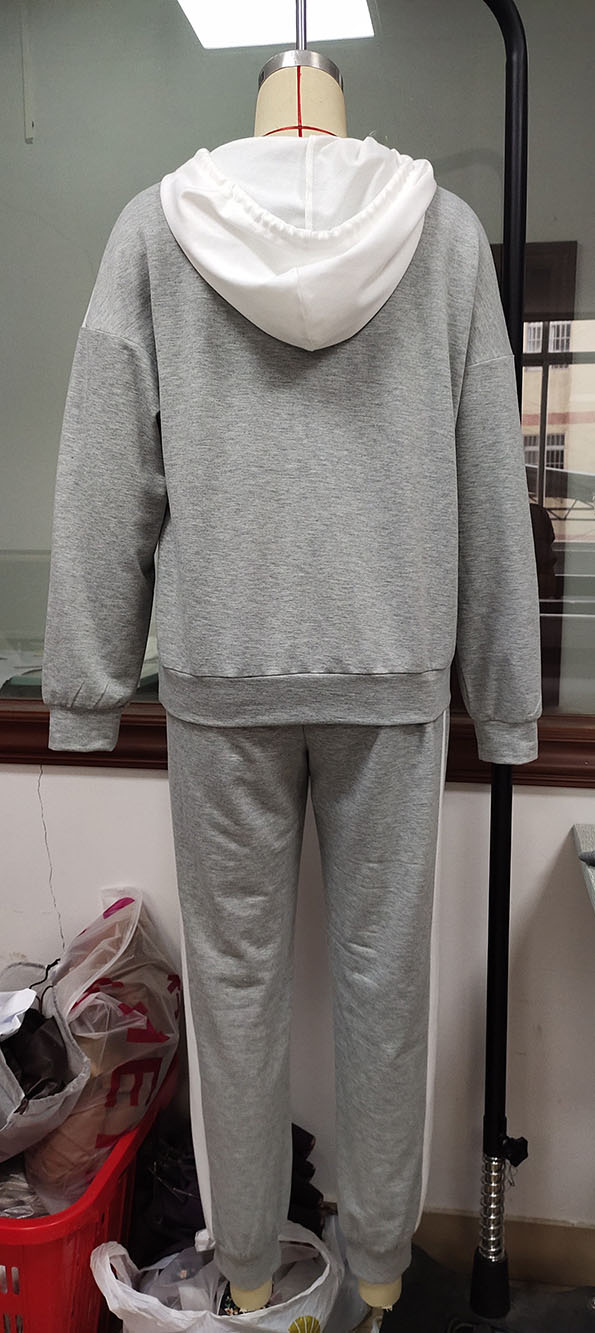 Women's Grey Stitched Sportswear Hooded Pullover Sweatshirt Trousers Casual Suit