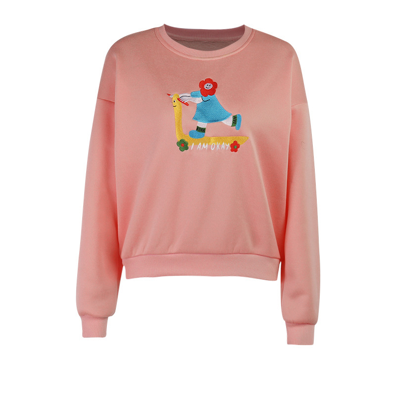Women's Cartoon Embroidery Loose Pullover Sweater Round Neck Drop Sleeves Casual