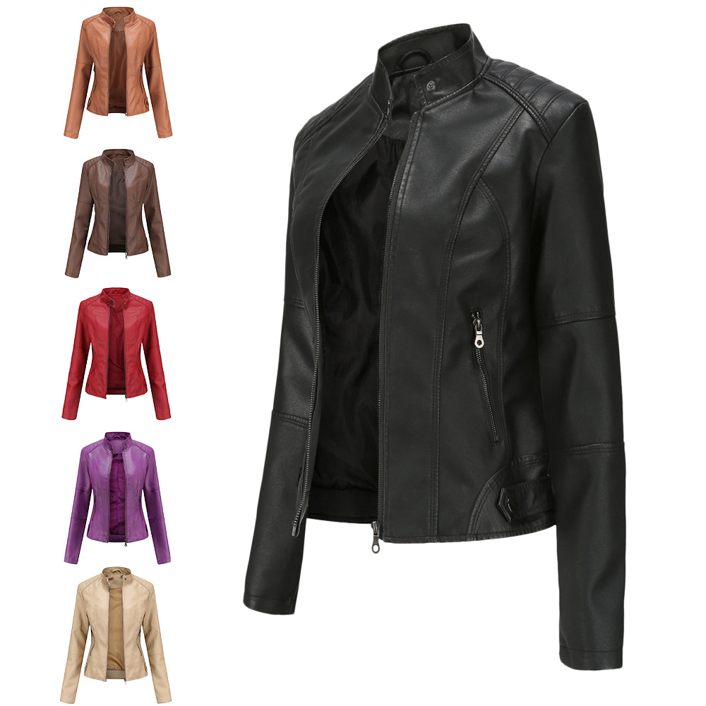 New Punk Rock Stand-up Collar Leather Jacket Motorcycle Suit full-zip Slim-fit