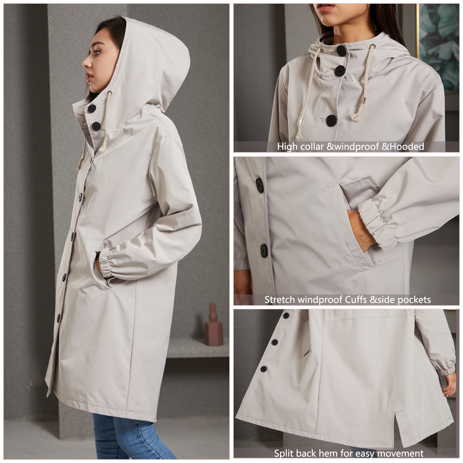 Women's Windproof Waterproof Hooded Jacket Outdoor Mid-length Side Pocket Coat