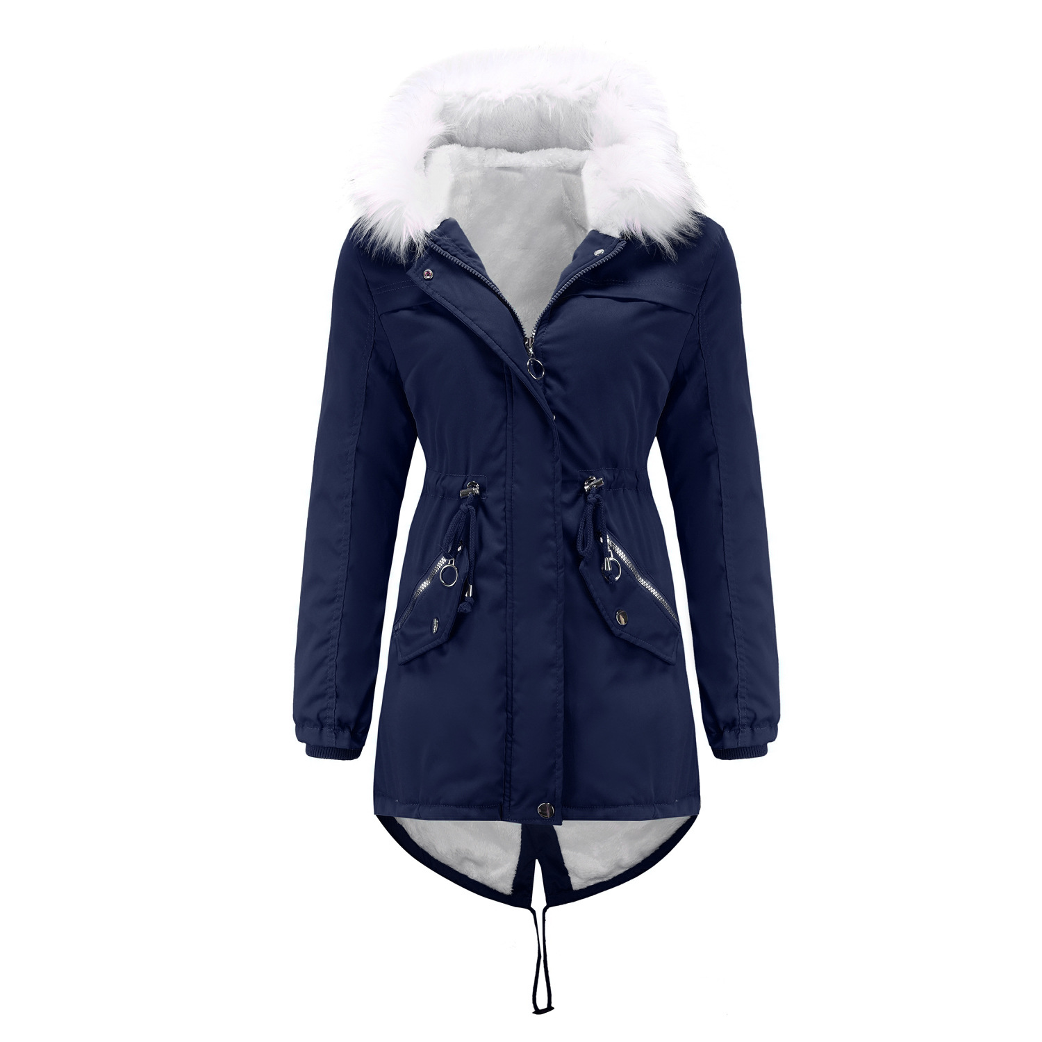 Women's White Fur Collar Thick Hooded Jacket Adjustable Drawstring Zipper Pocket