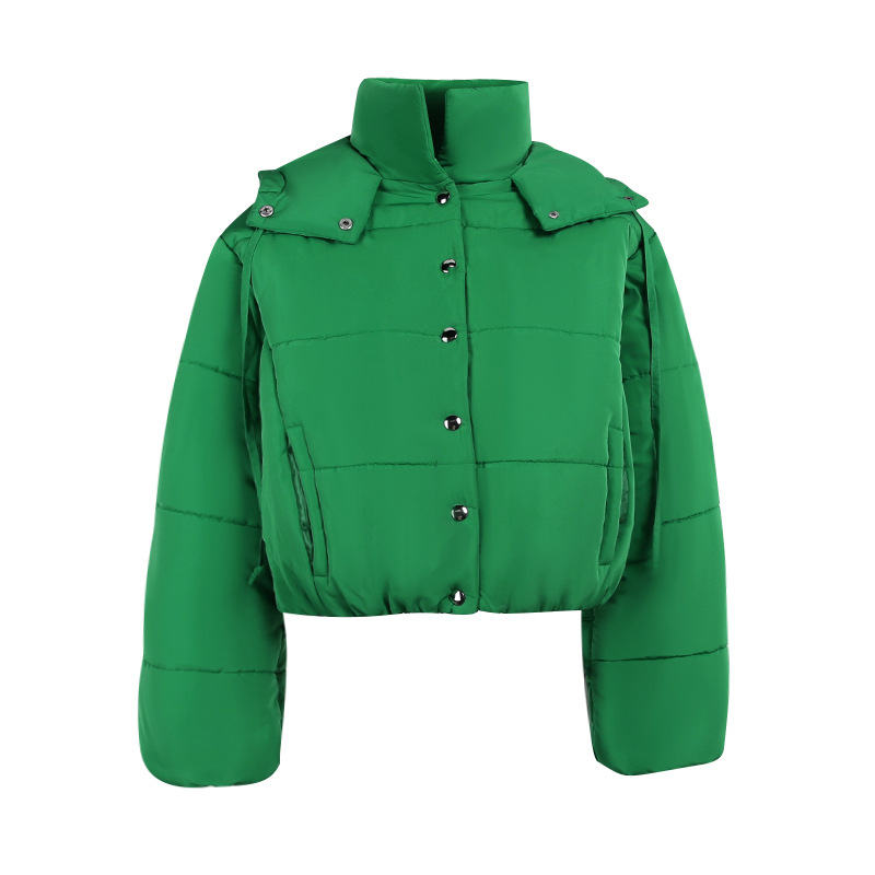 Women's Short Thick Coat Hooded Stand Collar Jacket Pocket Lantern Sleeve