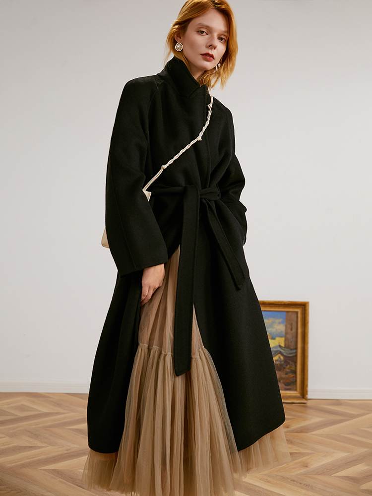 Women's handmade wool double-sided woolen coat nightgown lace-up trench coat woolen coat