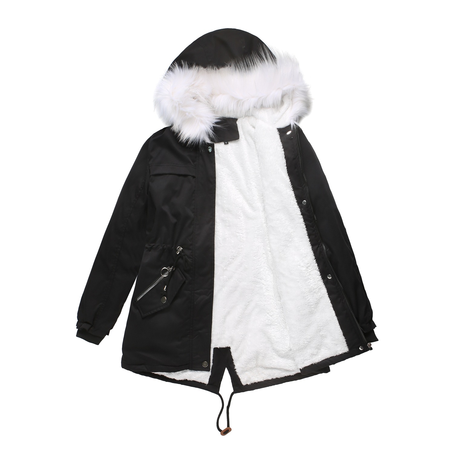 Women's White Fur Collar Thick Hooded Jacket Adjustable Drawstring Zipper Pocket